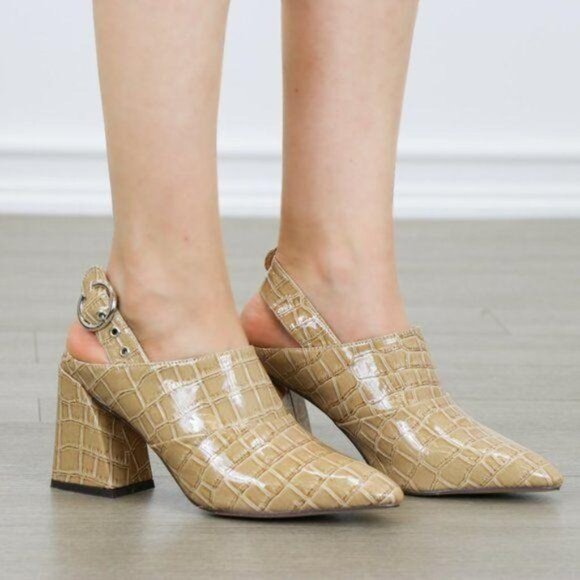 New Pointed Toe Croc-Embossed Block Heel Slingback Sandals Mules Chic & Elegant - Picture 1 of 8